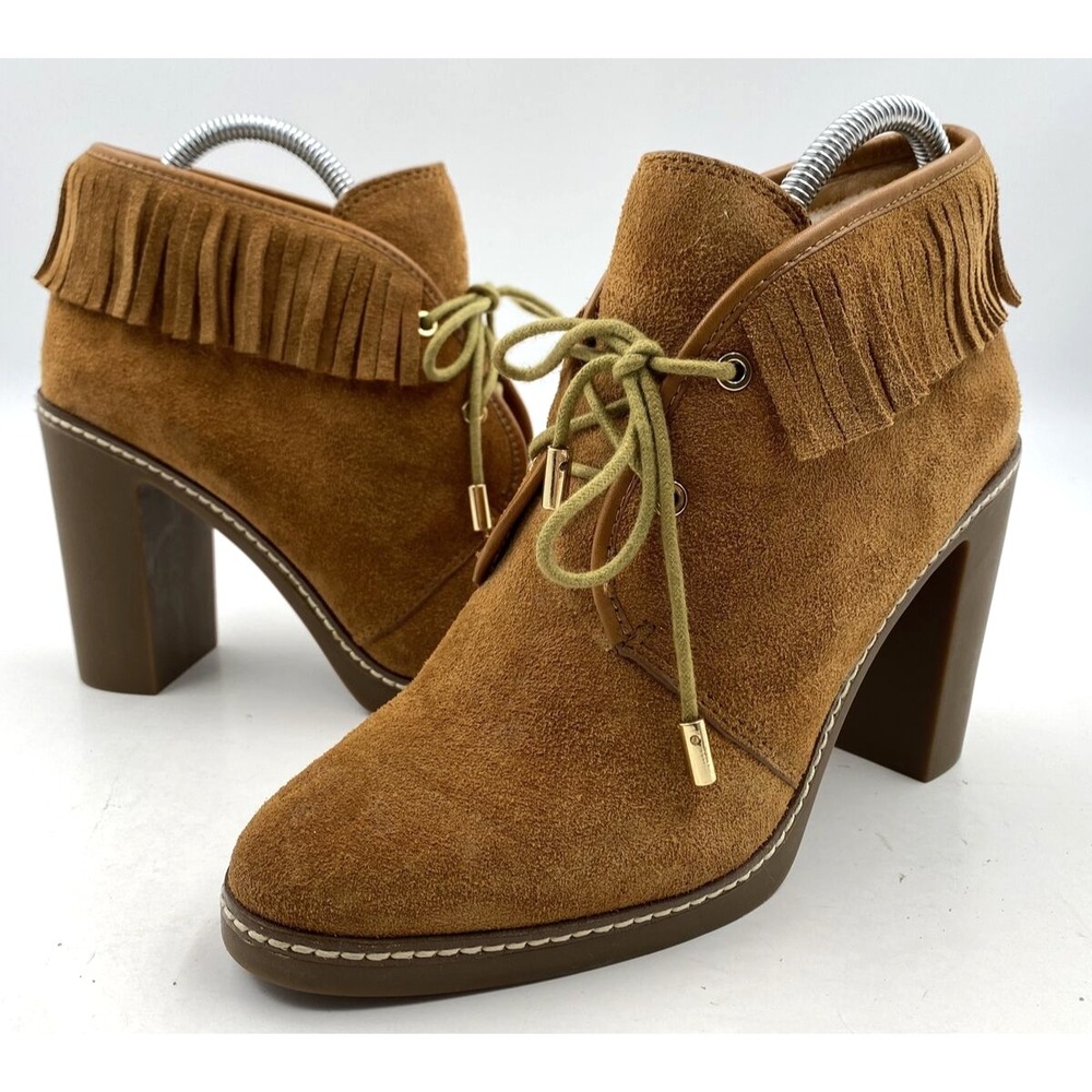 Tory Burch Ankle Boots Women's Size 10M Tan Suede Fringe Shearling Block Heel